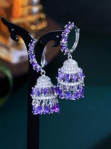 1 Cặp Hoa tai vòng tròn dài đính đá Cubic Zirconia màu tím sáng bóng sang trọng hình giọt nước trang sức Jhumkas dành cho phụ nữ tiệc cưới phụ kiện cô dâu - Màu tím - Xem 2