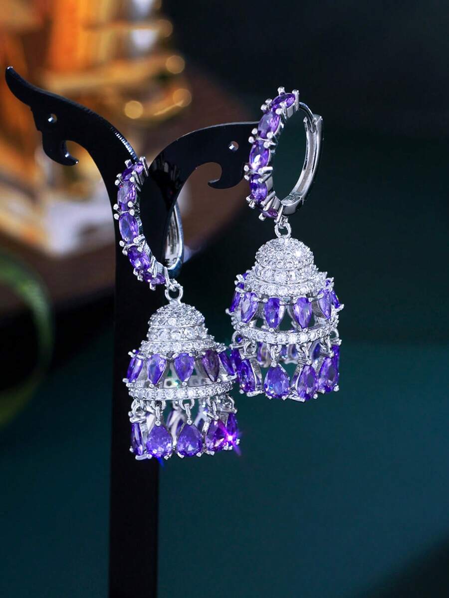 1 Cặp Hoa tai vòng tròn dài đính đá Cubic Zirconia màu tím sáng bóng sang trọng hình giọt nước trang sức Jhumkas dành cho phụ nữ tiệc cưới phụ kiện cô dâu