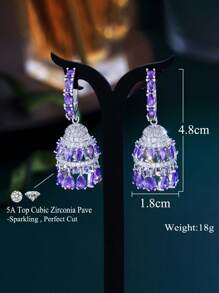 1 Cặp Hoa tai vòng tròn dài đính đá Cubic Zirconia màu tím sáng bóng sang trọng hình giọt nước trang sức Jhumkas dành cho phụ nữ tiệc cưới phụ kiện cô dâu - Màu tím - Xem 3