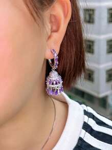 1 Cặp Hoa tai vòng tròn dài đính đá Cubic Zirconia màu tím sáng bóng sang trọng hình giọt nước trang sức Jhumkas dành cho phụ nữ tiệc cưới phụ kiện cô dâu - Màu tím - Xem 6