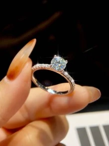 1 Pieza Anillo de compromiso de Moissanite de 1-3ct y banda de bodas S925 Plata de ley redondo anillo de promesa y anillo de eternidad de aniversario joyería de lujo regalos para mujeres anillo de diamantes de imitación - Plateado - Ver 7