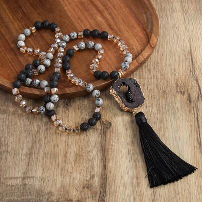 1pc Bohemian Style Natural Gemstone Crystal Glass Knotted Necklace, Asymmetrical Crystal Cluster Tassel Sweater Chain Suitable For Women's Daily Wear