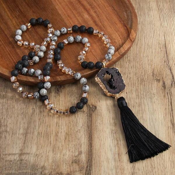 1pc Bohemian Style Natural Gemstone Crystal Glass Knotted Necklace, Asymmetrical Crystal Cluster Tassel Sweater Chain Suitable For Women's Daily Wear