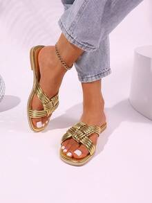 女式編織交叉平底涼鞋，休閒輕便假日拖鞋，日常舒適海灘鞋 - 金色 - 查看 9