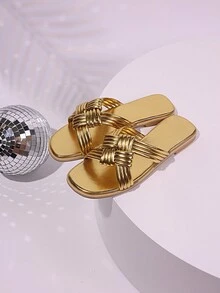 女式編織交叉平底涼鞋，休閒輕便假日拖鞋，日常舒適海灘鞋 - 金色 - 查看 2