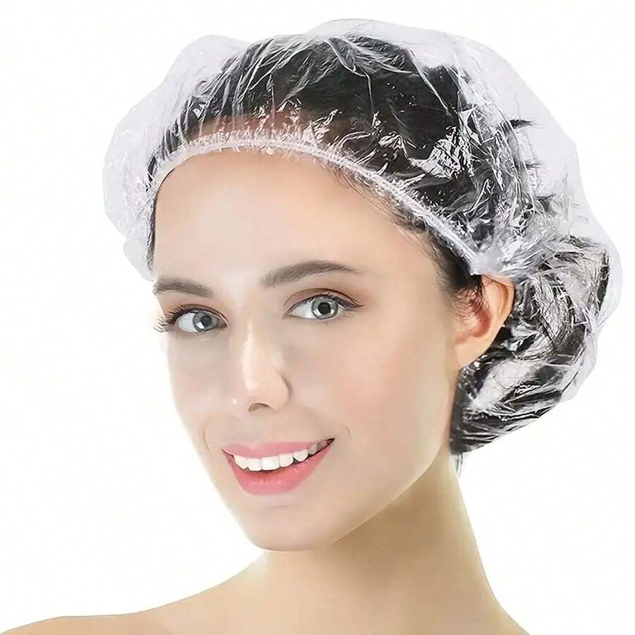 50pcs Disposable Shower Cap, Waterproof, Shower And Moisture Resistant Cap, Hair Mask For Beauty Salons, Baked Oil Cap, Heated And Dyed Hair Cover - Clear - View 1