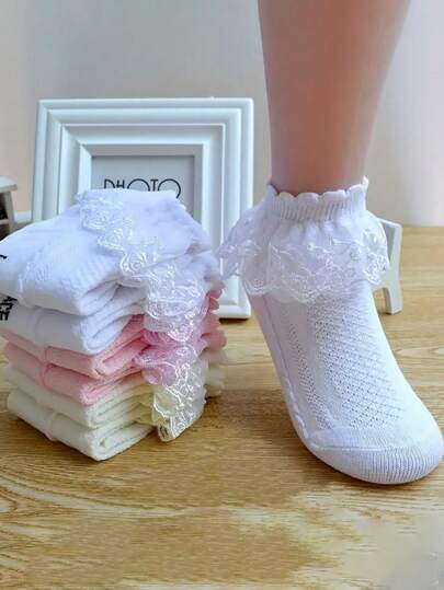 3 Pairs Girls' Simple Solid Color Lace Ruffle Edge Princess Style Breathable Comfortable Soft Short Socks, Suitable For Holidays, Travel, Daily Princess Dress Matching