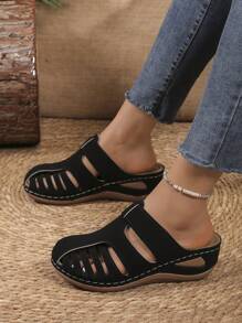 女士夏季新款轻便厚底拼接坡跟拖鞋休闲高跟凉鞋