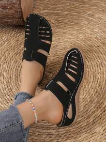 女士夏季新款轻便厚底拼接坡跟拖鞋休闲高跟凉鞋