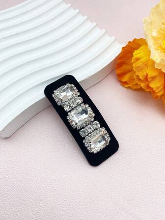 1入女士方形鑽石鑲嵌黑色灯芯绒精致奢華髮夾