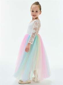 Young Girl 1pc Vintage Boho Lace Eyelash V-Back Tulle Tutu Flower Girl 3/4 Sleeve Maxi Dress - 奧布爾 - 查看 2