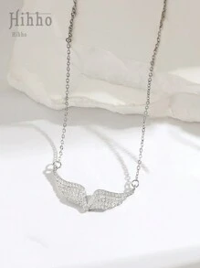 Hihho 1pc Angel Butterfly Wing Shaped Cubic Zirconia Inlaid Women's Pendant Necklace, Luxury Jewelry Gift For Women - Silver - View 3