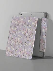 1pc Purple Floral Printed Silicone IPad Protective Case With Pen Slot, Compatible With IPad 9 2022, Apple Air 5/4/3, 9th Generation, Pro 11, 10.2, 2024 Mini 5, And 3-Fold Air 6