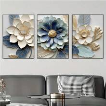SURELIFE 3pcs Elegant Blue And Gold Floral Canvas Posters Prints Wall Art Pictures For Living Room Bedroom Home Decorative