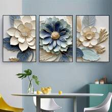 SURELIFE 3pcs Elegant Blue And Gold Floral Canvas Posters Prints Wall Art Pictures For Living Room Bedroom Home Decorative