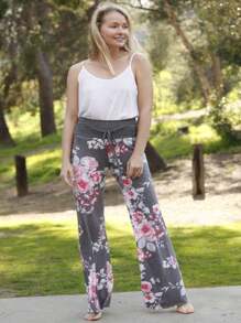 Floral Drawstring Fold Over Band Wide Leg Lounge Pants - 深灰色 - 查看 3