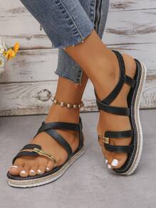 女士时尚露趾优雅中式平底凉鞋，夏季新品 - 黑色 - 查看 5