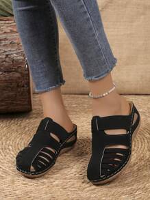 女士夏季新款轻便厚底拼接坡跟拖鞋休闲高跟凉鞋