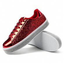 女性閃亮網球運動鞋，霓虹亮色鞋款，閃閃發光的鑽石婚禮新娘鞋，閃亮的亮片鞋 - 紅色 - 查看 6