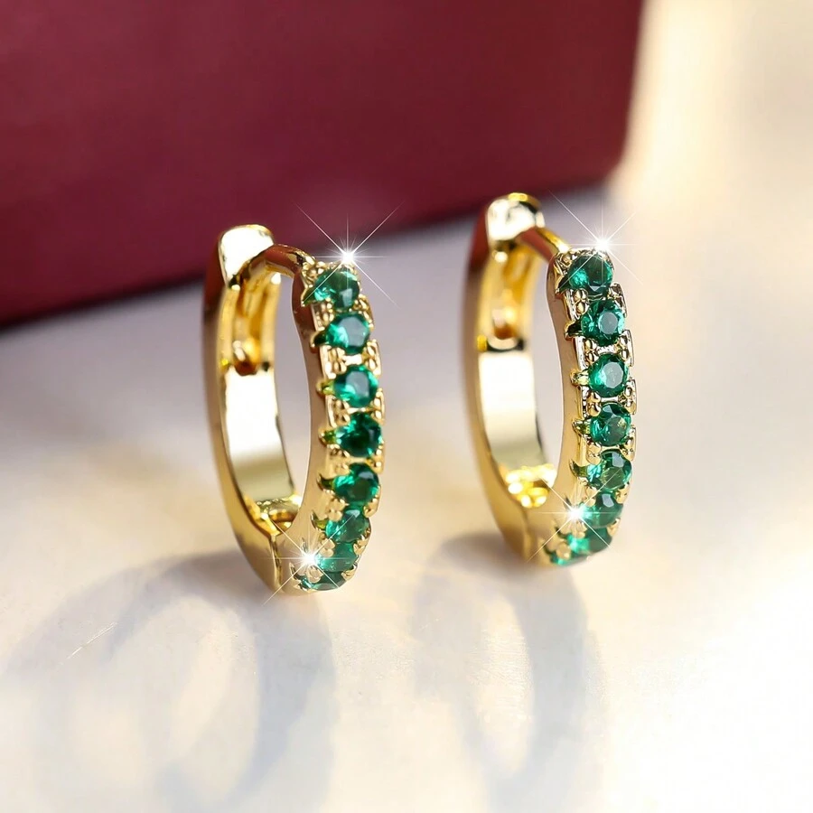 1 Pair Of Gold Plated Micro Inlaid Cubic Zirconia Stud Earrings - Green - View 1