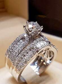 2入組奢華立方氧化鋯女戒指套裝，適用於婚禮訂婚紀念日派對環狀珠寶情人節禮物 - 1# - 查看 14