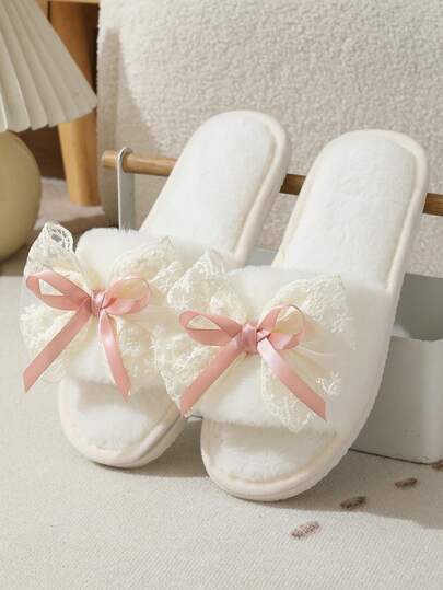 Autumn/Winter Home Slippers For Women, Lace Bowknot Design, Girls' Style, Indoor Plush Lining, Comfortable, Warm, Non-Slip, Fashionable, Suitable For Couples