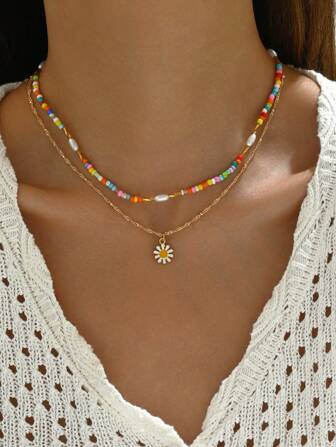 Glasrispärlor Blomma flerlagershalsband för kvinnor, hängande halsband (handgjord kedja skuren i storlek, varierande antal pärlor, varierande storlek på strass)