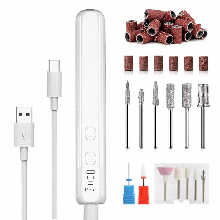 Yuaoler 便攜式電動美甲磨光機套裝，包括3入組可更換鑽頭，6入組砂輪環，100入組砂紙環，USB充電美甲筆，適用於修剪指甲周圍，拋光，業餘美甲和腳指甲護理工具套裝，適用於家庭和沙龍配合創意美術家的使用，DIY美甲愛好者最好的禮物 - 白色 - 查看 1