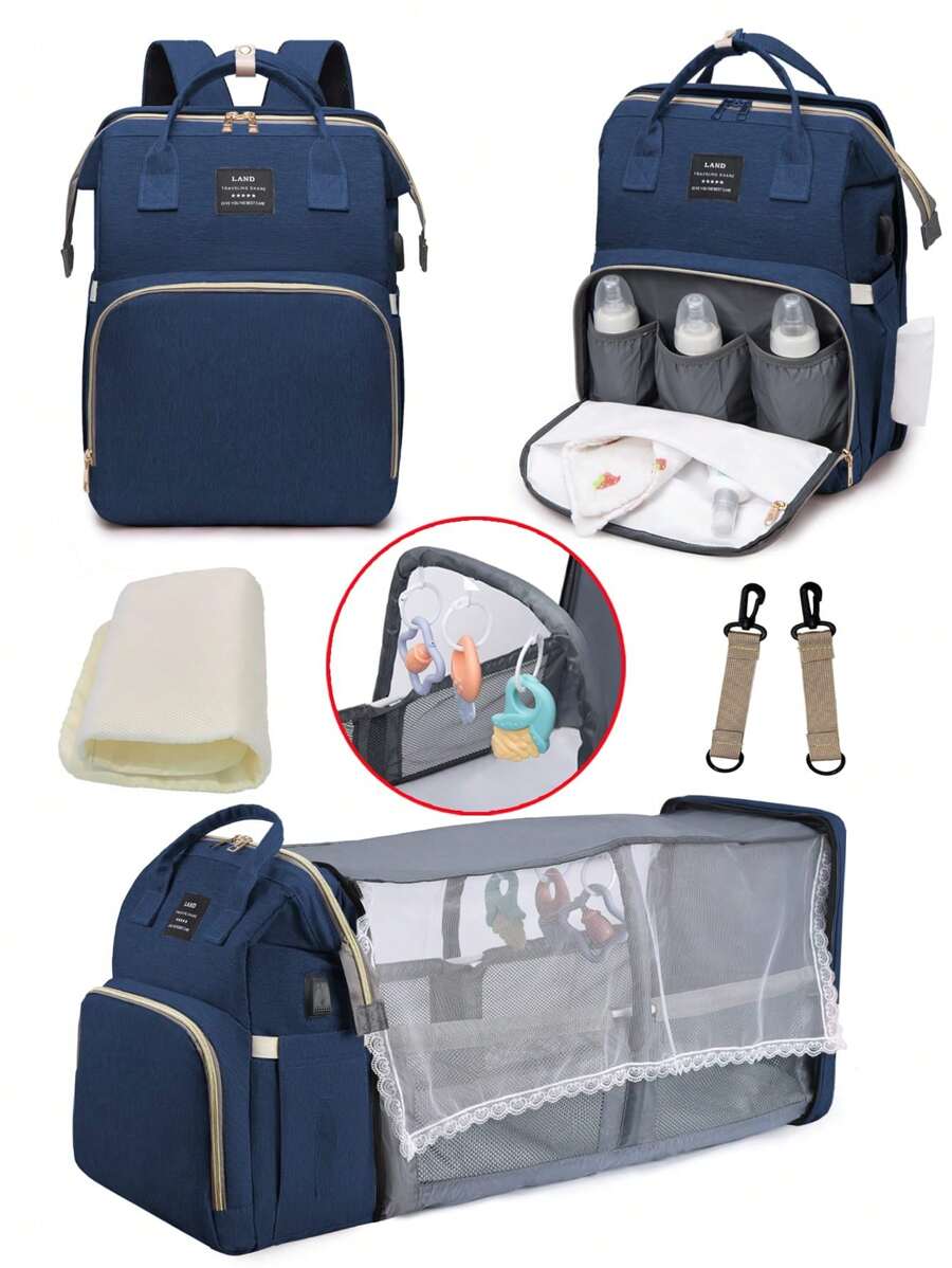 1pc Baby Diaper Bag Backpack With Changing Station, Multifunction Portable Waterproof Large Capacity Travel Baby Changing Bags, Baby Stuff Organizer , Baby Registry Search, Baby Diaper Bags For Boys & Girls, Baby Shower Gifts, Newborn Baby Essential Gifts - 藏蓝色 - 查看 1