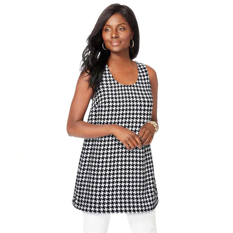 Jessica London Women's Plus Size Georgette Tunic Tank - WHITE HOUNDSTOOTH - View 1