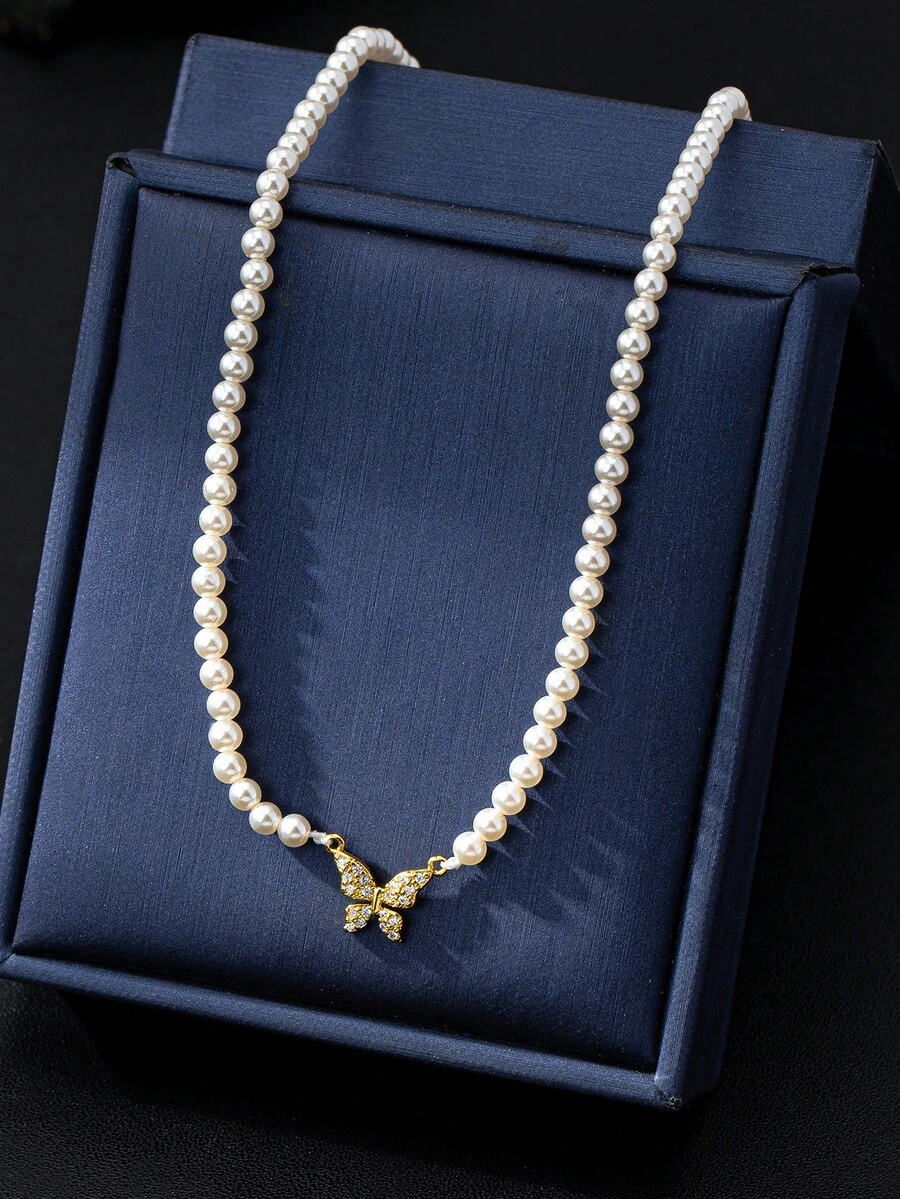 1pc New Style Fairy Rice Bead Sweet Little Butterfly Pendant French Country Style Glass Pearl Necklace - White - View 1