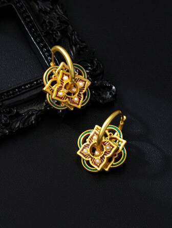 1pair Enamel Matte Retro Colored Circle Earrings With Chinese Style Design, Can Be Worn In Multiple Ways