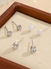 MESTILO 9pairs Exquisite And Shiny Copper Zirconia Small Round Ball Faux Pearl Stud Earrings Set, Suitable For Women's Daily Wear - Pearl Earrings - View 5