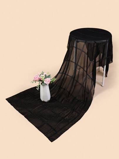 1 件女士柔软透气户外刺绣格子条纹水钻阿拉伯头巾，黑色