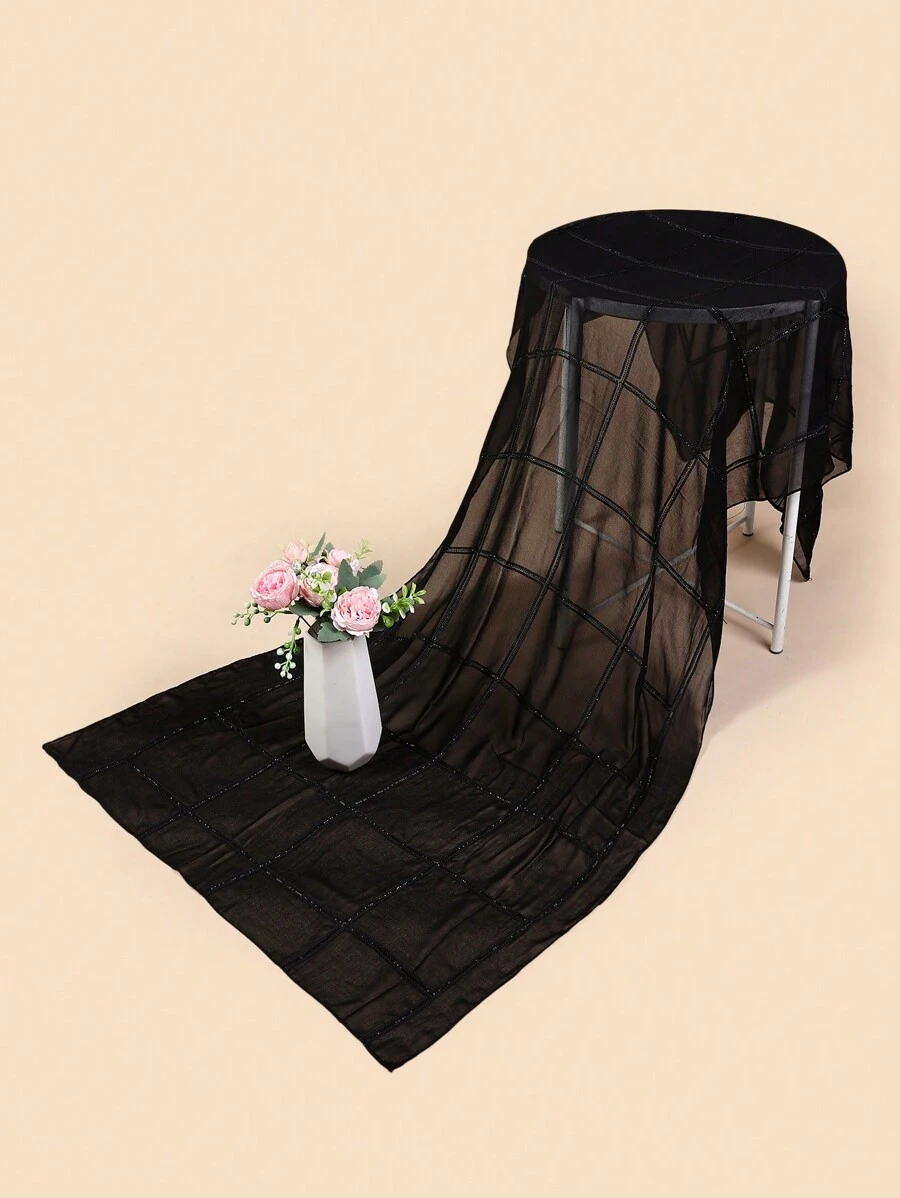 1pc Women's Soft Breathable Outdoor Embroidered Checkered & Striped Rhinestone Arabic Head Scarf, Black - Black - View 1