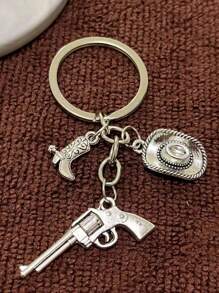 1 pieza Llavero de pistolero vaquero occidental con sombrero vaquero en miniatura, botas de montar y pistola para colgar en la mochila - Plateado - Ver 6
