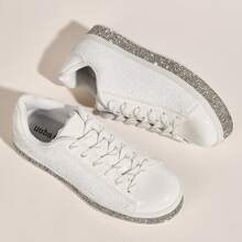 女款閃爍網球運動鞋霓虹亮眼閃亮運動鞋，鑲嵌鑽石婚禮新娘鞋，閃亮亮色鞋子 - 白色 - 查看 2