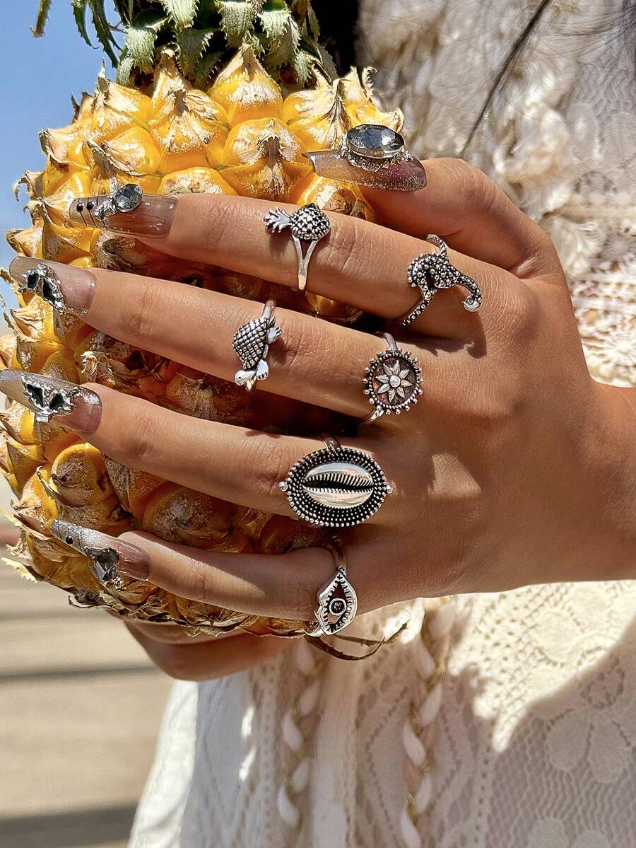 imoli 6 Chiếc Nhẫn Hợp Kim Phong Cách Cổ Điển Mắt, Rùa, Dứa, Cánh Hoa, Cá Ngựa, Vỏ Bộ Nhẫn Bạc Chủ Đề Đại Dương Dành Cho Quà Tặng Tiệc Nữ (Hiệu ứng bôi đen là ngẫu nhiên)