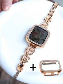 一套锌合金心形水钻装饰金属表带手链 + 一个水钻表壳，兼容 9SE、8、7、6、5、4、3、2、1、Ultra，尺寸 38mm、40mm、41mm、44mm、45mm，佩戴方便，尺寸可调节，时尚玫瑰金表带，闪耀元素，女士专属 - 玫瑰金 - 查看 5