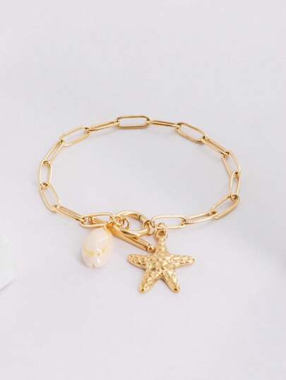 1pc Gold-Tone 3D Printed Starfish, Natural Shell And Conch With Lobster Clasp Stainless Steel Bracelet, Women's Daily Accessory With Ocean Theme