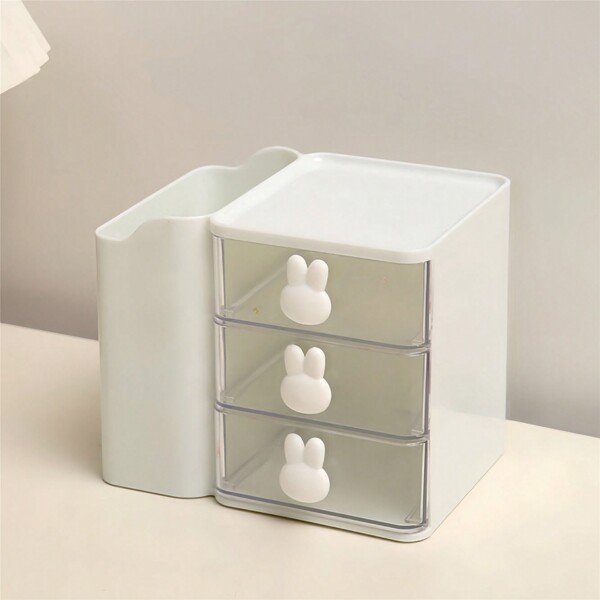 1pc 3-Layer Drawer Storage Box With Pen Holder, Multi-Functional Desktop Organizer For Office, Cute Rabbit Shape Handle, Table Decoration, Desk Accessory Back To School