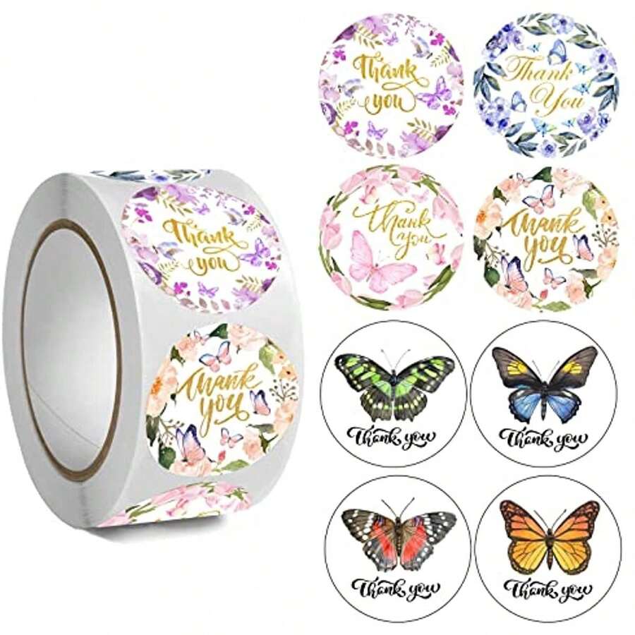 500 piezas/Rollo Pegatinas de mariposa de dibujos animados con mensaje de agradecimiento - Multicolor - Ver 1