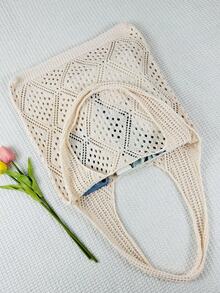 復古中空針織袋，時尚女士肩背沙灘袋，手工編織紡織袋 - 杏色 - 查看 4