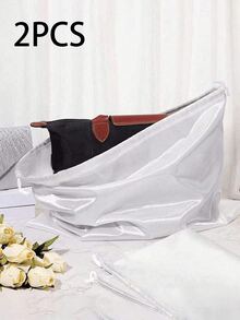 2pcs Polyester Satin Dustproof Drawstring Bags, Silk Dustproof Drawstring Travel Storage Bags, Portable Clothing Shoes Drawstring Bags, Large Capacity Handbag Dust Bags, Self-Sealing Drawstring Storage Bags, Travel Gear, Storage And Organization - White - View 1