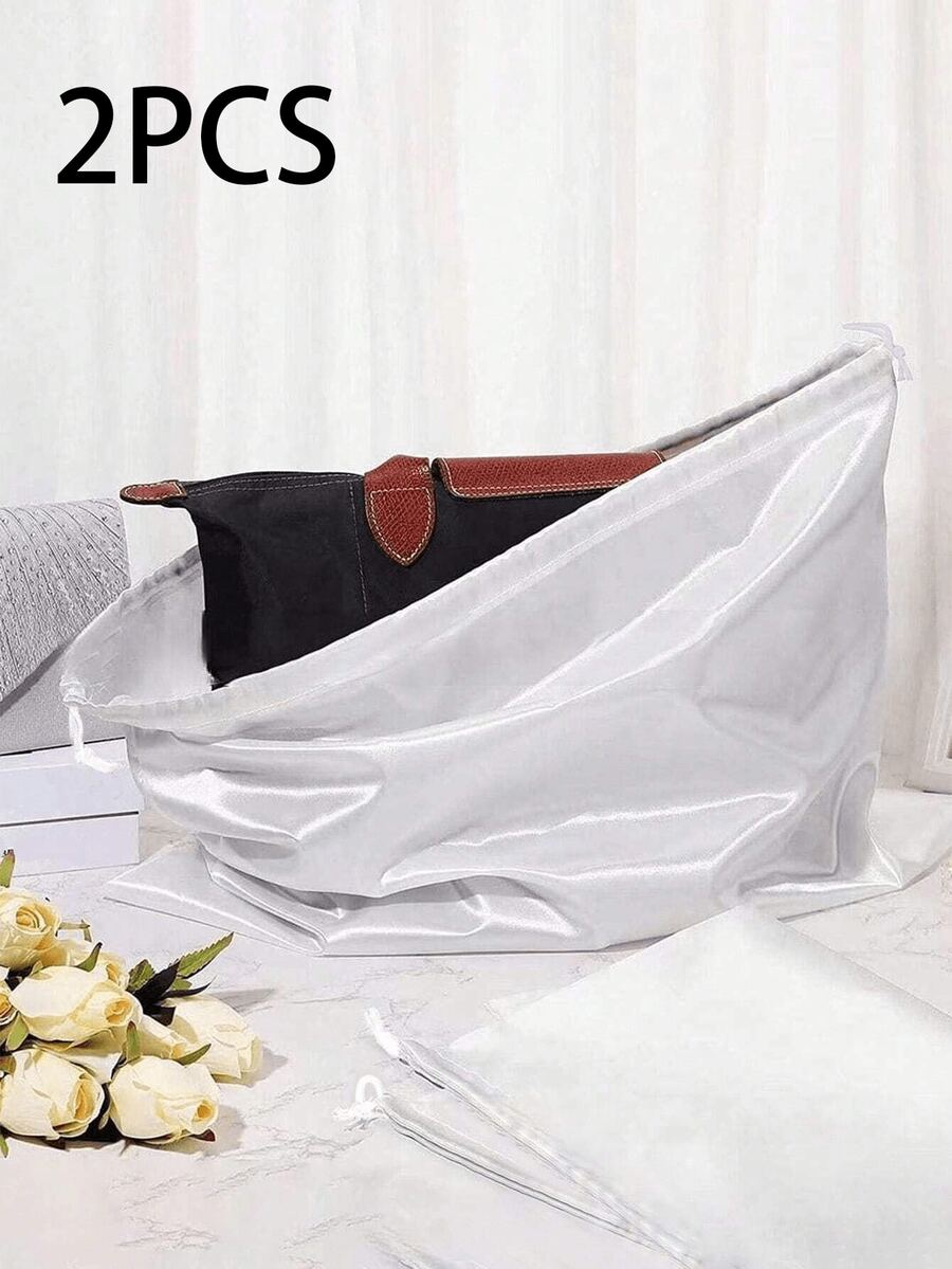 2pcs Polyester Satin Dustproof Drawstring Bags, Silk Dustproof Drawstring Travel Storage Bags, Portable Clothing Shoes Drawstring Bags, Large Capacity Handbag Dust Bags, Self-Sealing Drawstring Storage Bags, Travel Gear, Storage And Organization - White - View 1