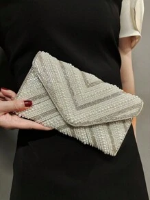 Bolso de sobre para la noche con decoración de rhinestone y perlas, embrague de fiesta con incrustaciones de rhinestone y cristal con correa cadena, 23*13*0.5cm - Plateado - Ver 8