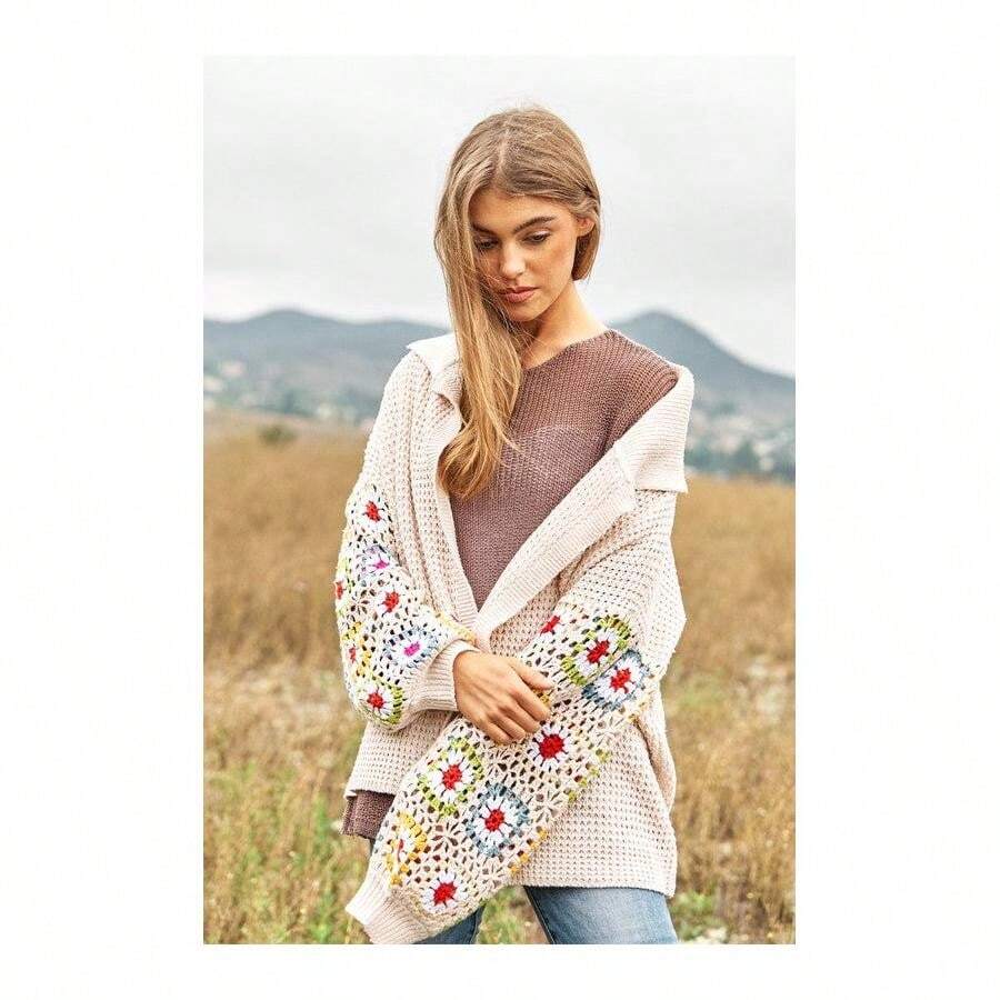 Crochet Floral Printed Long Sleeve Knit Cardigan - Beige - View 1