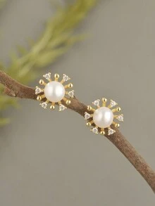 1 Đôi Khuyên Tai Hình Hoa Hướng Dương Bạc 925 Thanh Lịch Và Đơn Giản Đính Đá Zirconia Và Ngọc Trai 5.5 Mm, Bông Tai Thời Trang Và Đa Năng Làm Quà Tặng Cho Bạn Gái/Bạn Gái, Thích Hợp Làm Trang Sức Sinh Nhật/Tiệc Tiệc/Cưới - Vàng - Xem 2