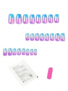 24入組藍紫色漸變混色短方形法式美甲貼片，附1支指甲文件和1支凝膠果凍 - 彩色 - 查看 2