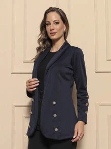 Neoprene Women's Blezer With Button Jacket - Azul Marino - Ver 4